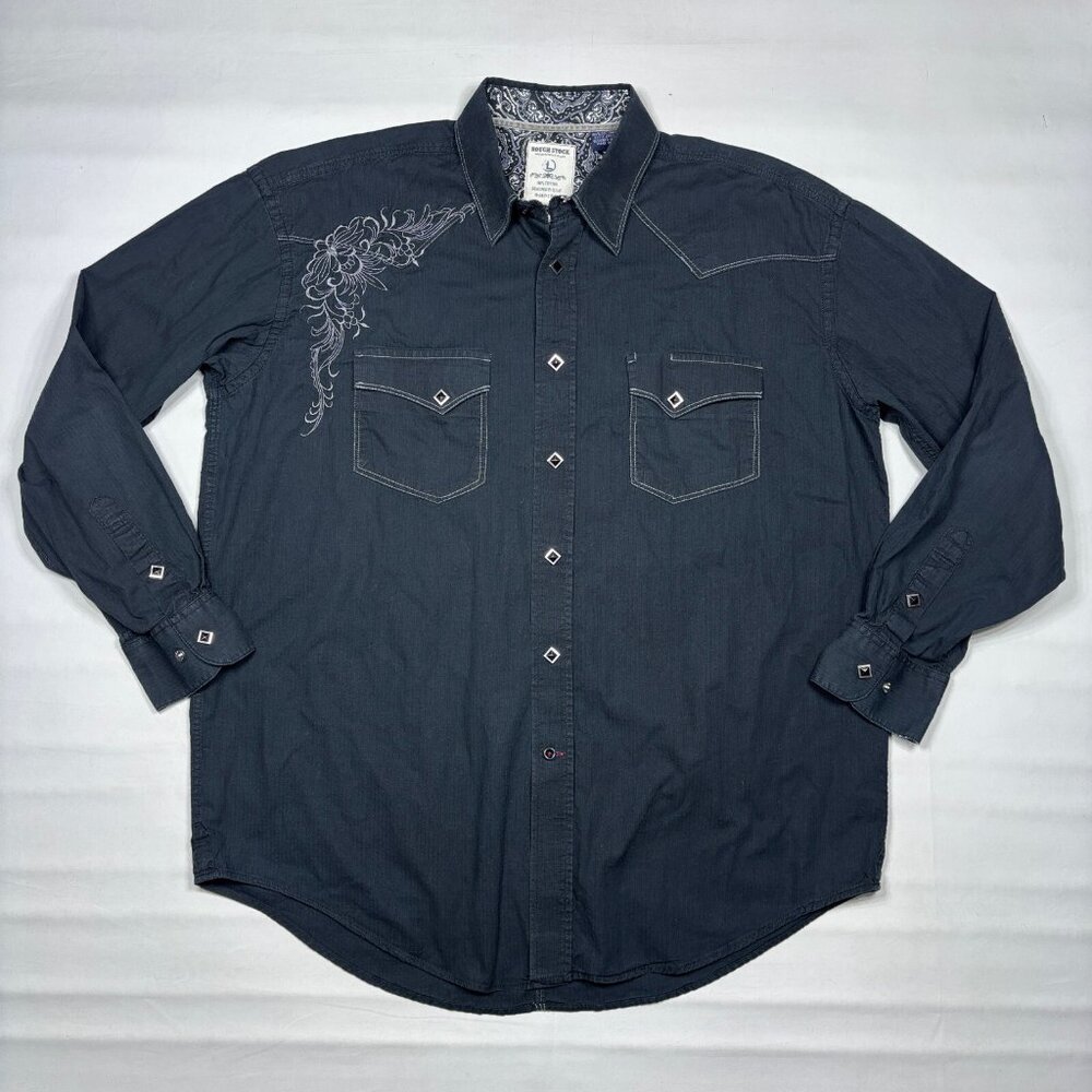 Rough Stock Panhandle Slim Mens L Black Embroidered Diamond Pearl Snap Shirt